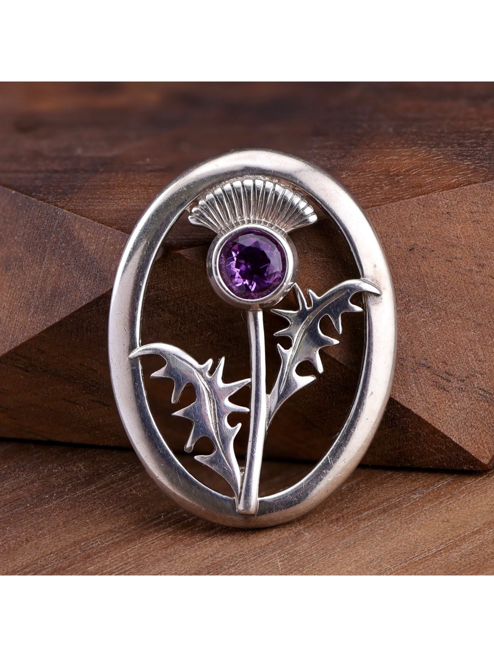 Vintage Sterling Silver Scottish Thistle Amethyst Oval Pendant